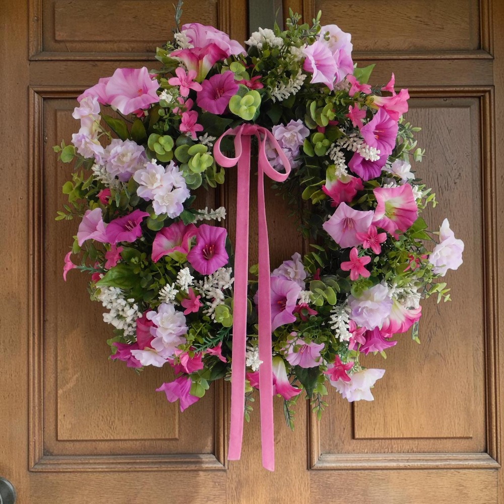 Purple Petunia Wreath, Spring, Summer Front Door, Whites, Housewarming Gift